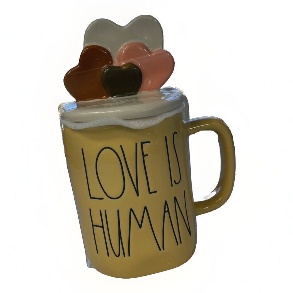 Rae Dunn Love Is Human Yellow Mug Hearts Lid Valentine's Day Gift Anniversary